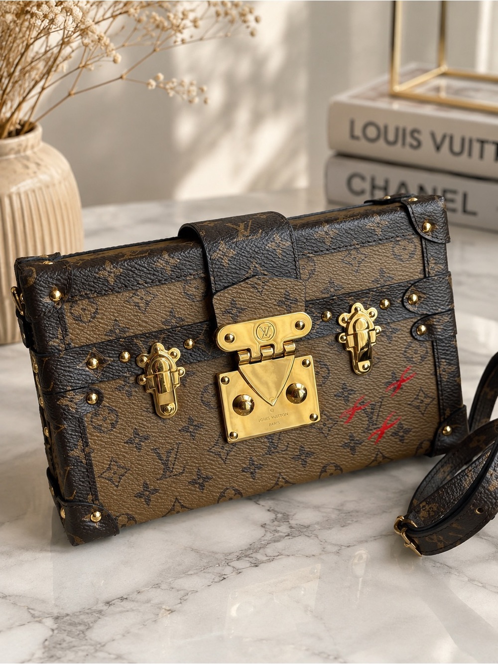 Louis Vuitton Monogram Petite Malle Crossbody in Brown and Gold